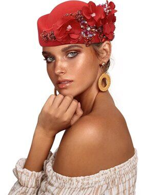 Women's British Felt hat Church Derby Headdress Floral Beret hat Red